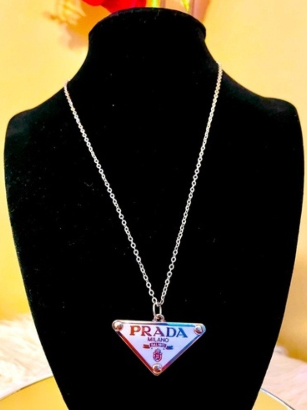Prada Milano Silver Triangle Logo Pendant Necklace - Silver